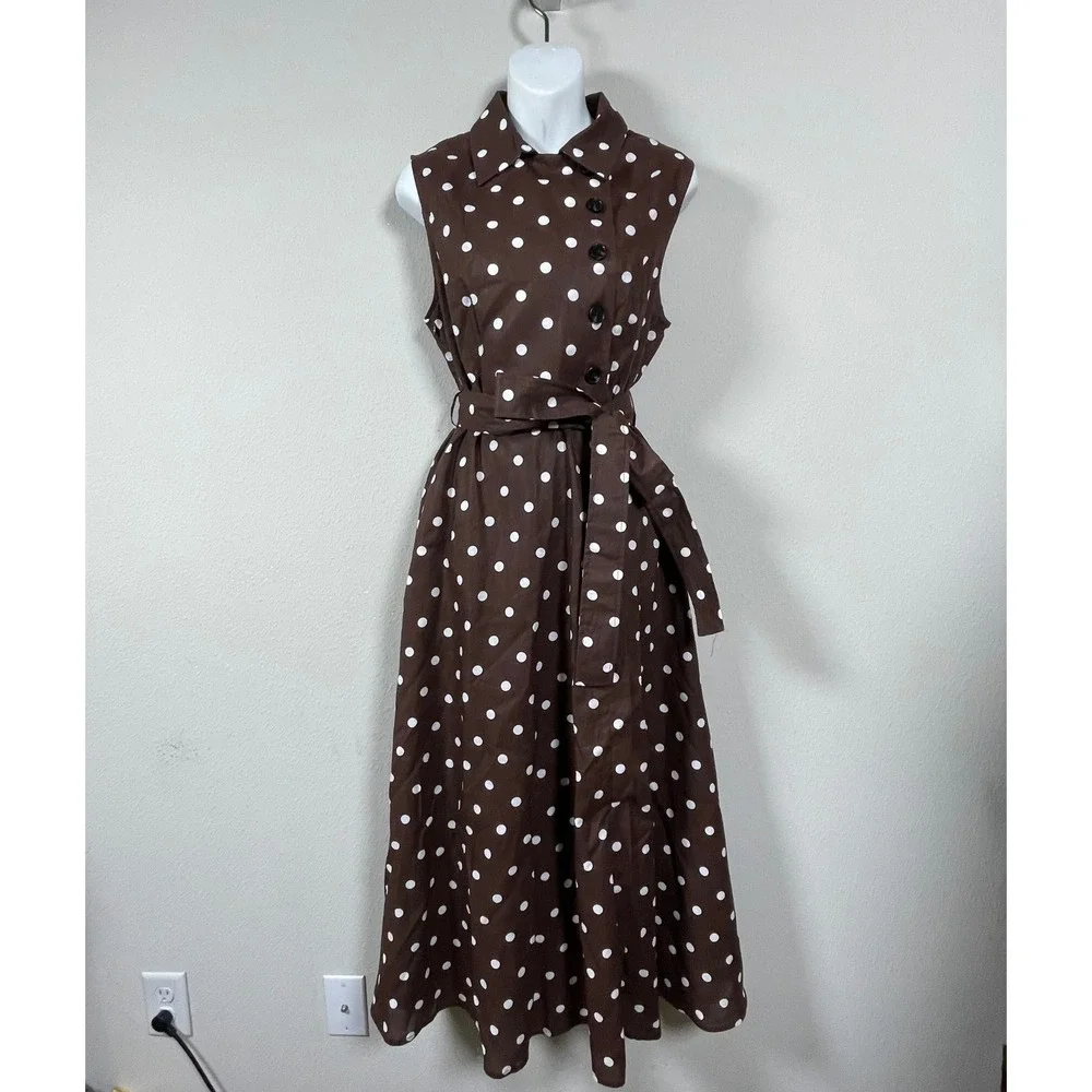 Linen Vibes Polka Dot Midi Dress Women M Brown Rockabilly Feminine Sleeveless - Picture 10 of 11
